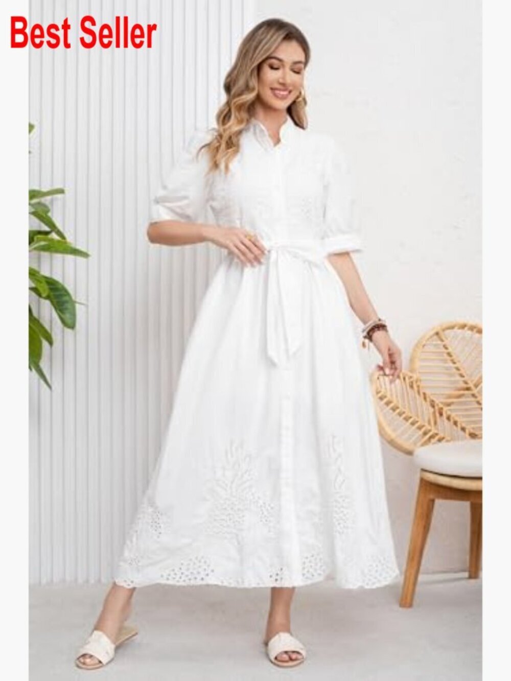 Embroidered Eyelet Cotton Shirt Dress with Belt Puff Sleeve Boho Maxi - Picture 2 of 7